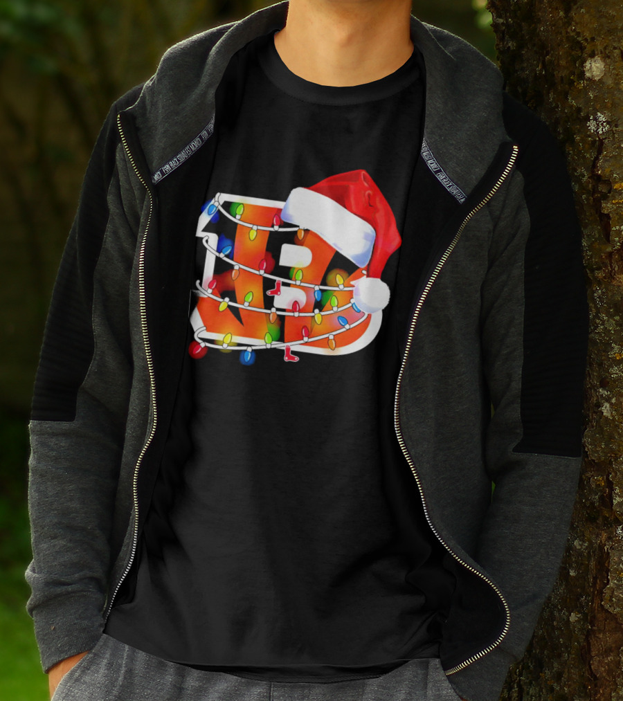 Cincinnati Bengals Christmas Lights Santa Hat Logo Holiday Football T-Shirt