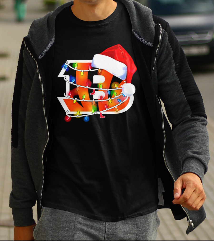 Cincinnati Bengals Christmas Lights Santa Hat Logo Holiday Football T-Shirt