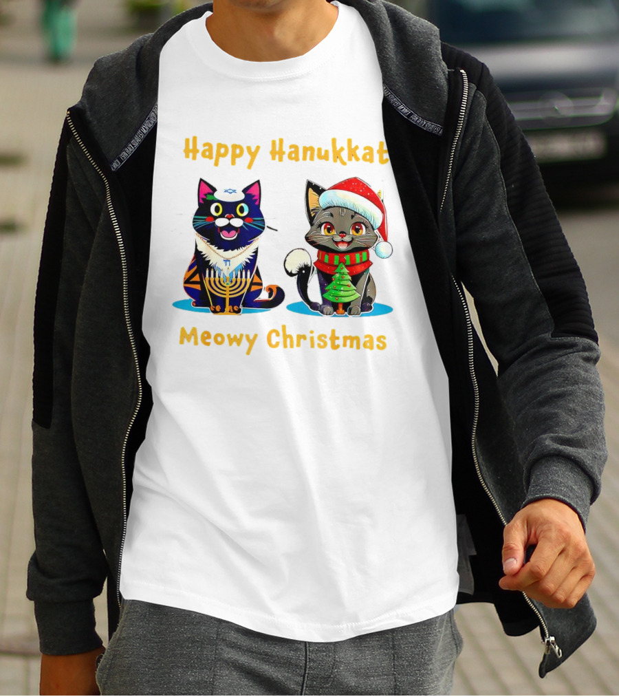 Happy Hanukkat Meowy Christmas Cats In Festive Holiday Attire T-Shirt