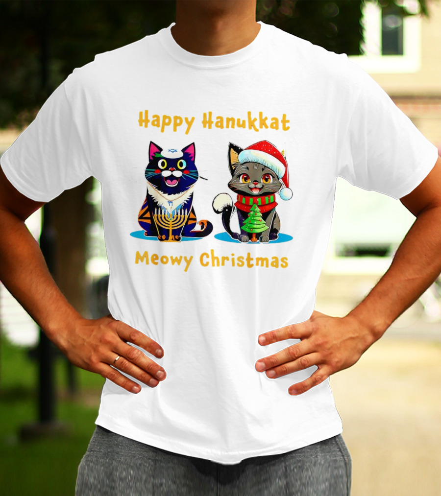 Happy Hanukkat Meowy Christmas Cats In Festive Holiday Attire T-Shirt