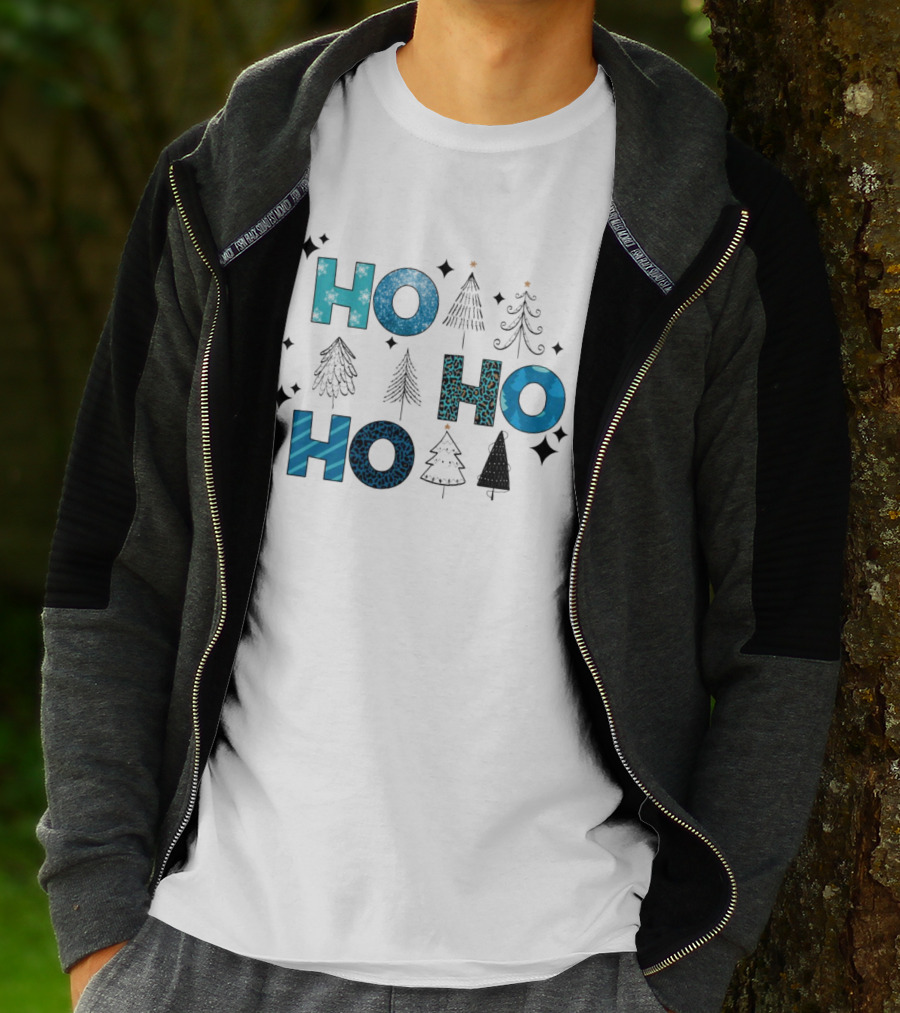 Hohoho Christmas Blue Patterns With Trees And Stars T-Shirt