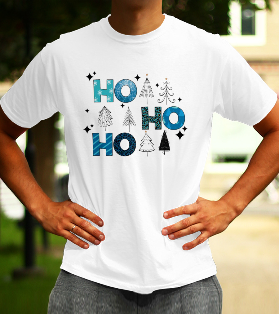 Hohoho Christmas Blue Patterns With Trees And Stars T-Shirt