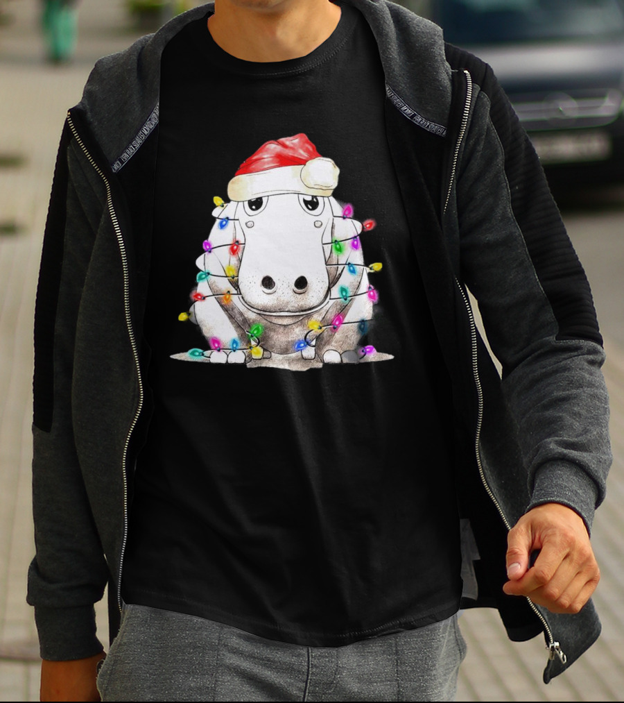 Santa Hippo Wrapped In Christmas Lights With Santa Hat T-Shirt