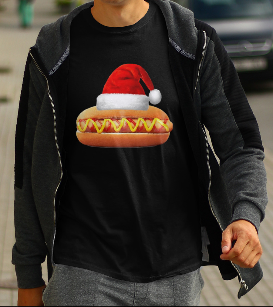 Santa Hat Hot Dog Christmas Family Dinner T-Shirt