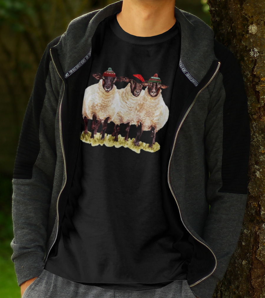 Merry Christmas Santa Sheep Trio With Festive Hats T-Shirt