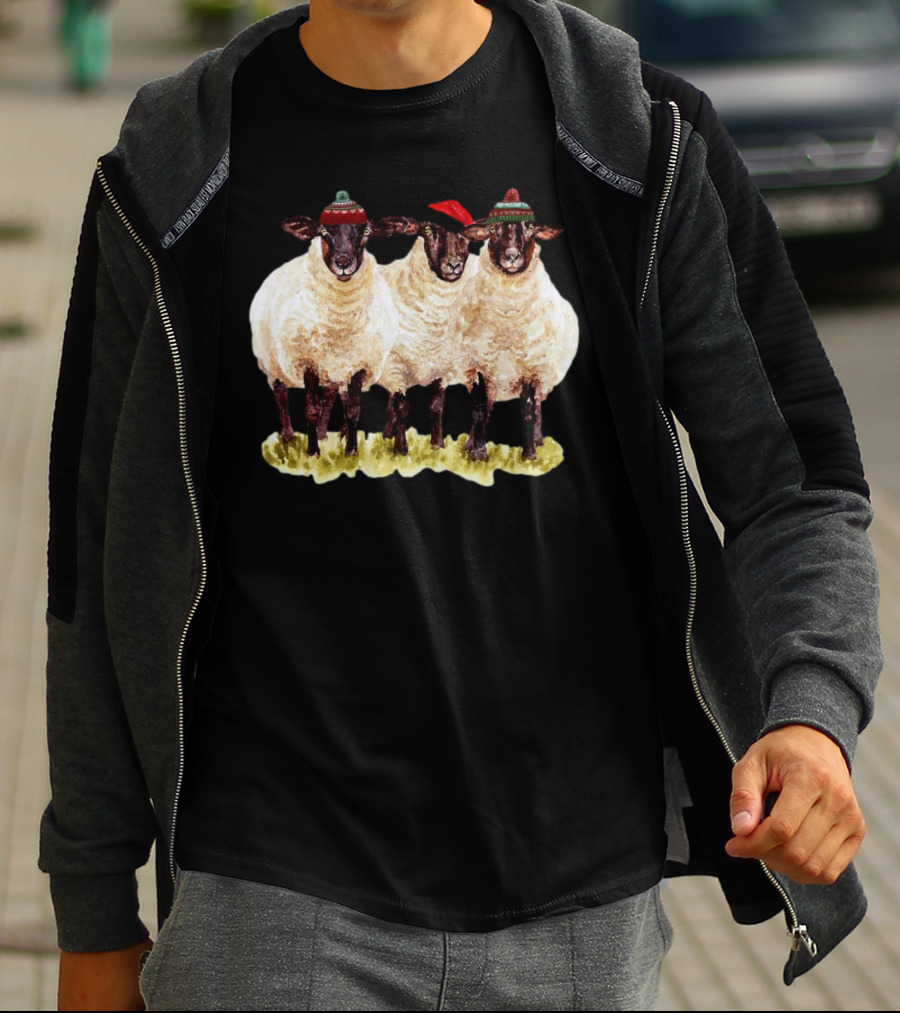 Merry Christmas Santa Sheep Trio With Festive Hats T-Shirt