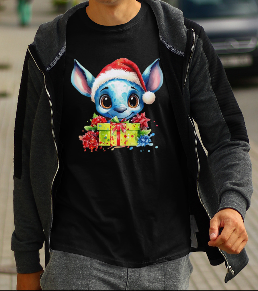 Santa Stitch Holiday Cheer With Christmas Present And Santa Hat T-Shirt