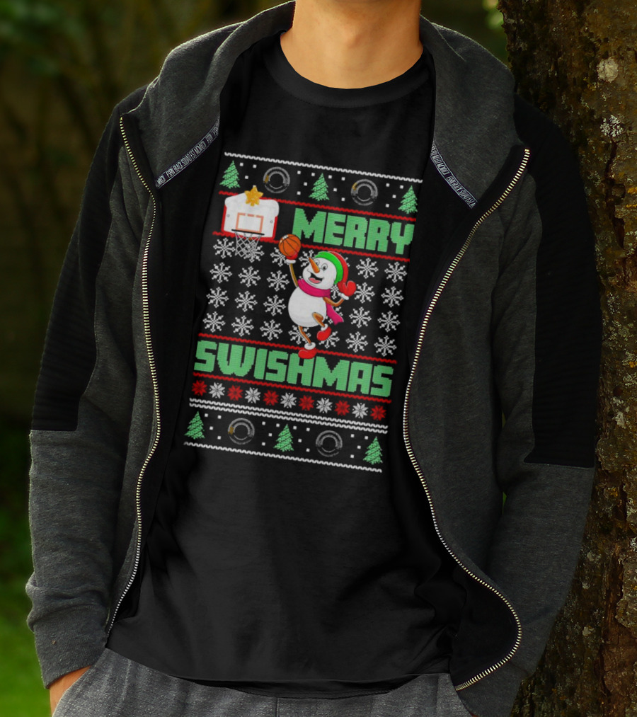 Merry Swishmas Snowman Playing Basketball Holiday T-Shirt