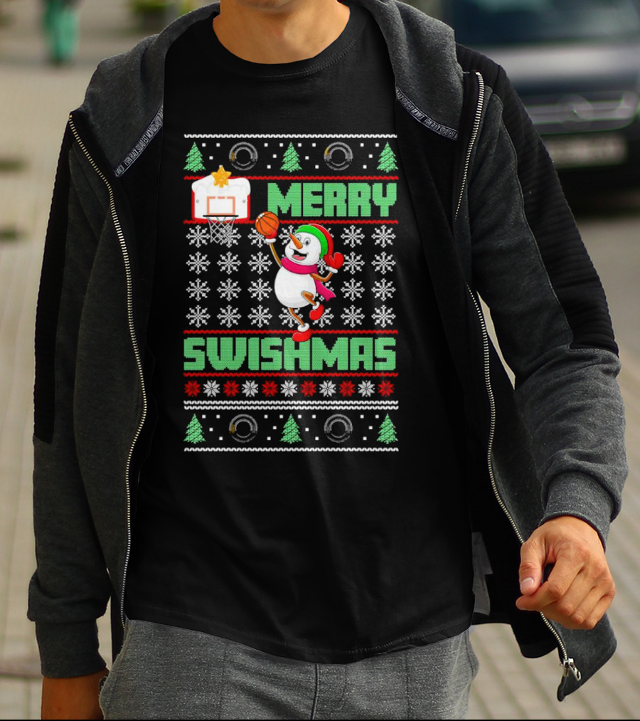 Merry Swishmas Snowman Playing Basketball Holiday T-Shirt