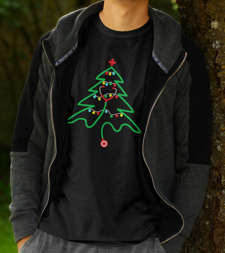 Stethoscope Shaped Christmas Tree With Holiday Lights T-Shirt