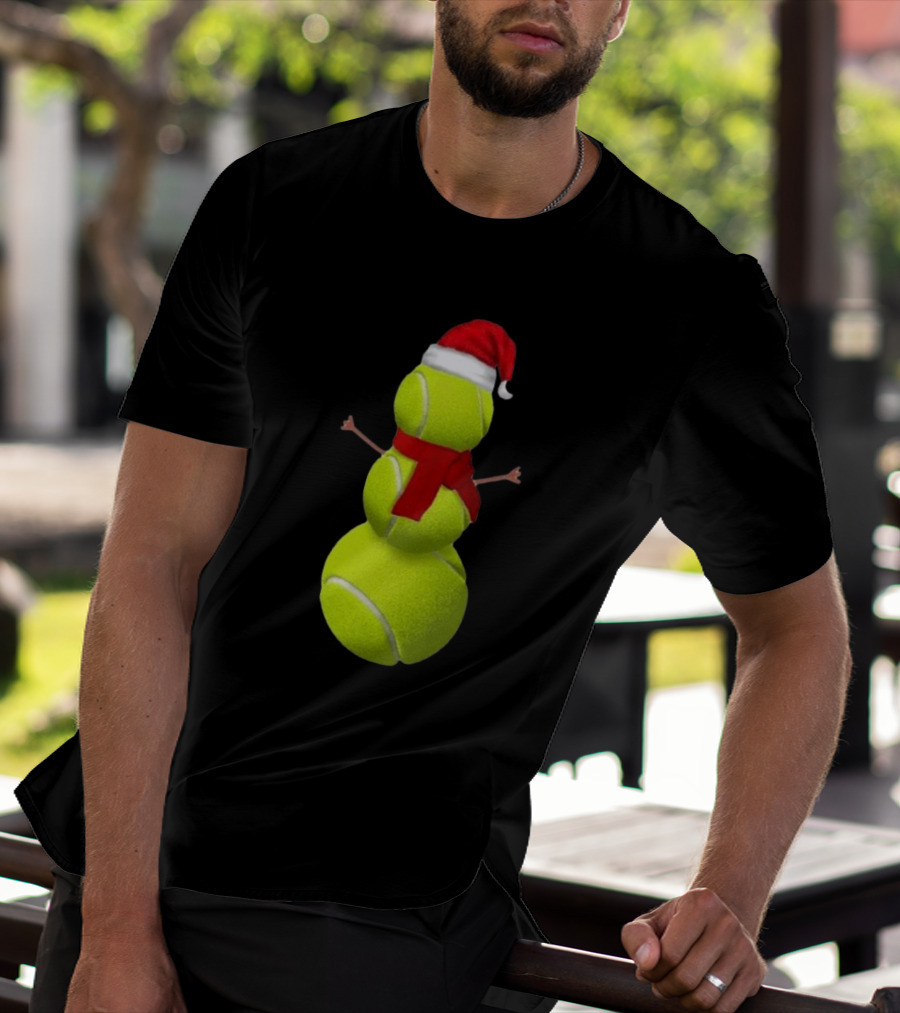 Tennis Ball Snowman With Santa Hat And Scarf Merry Christmas T-Shirt