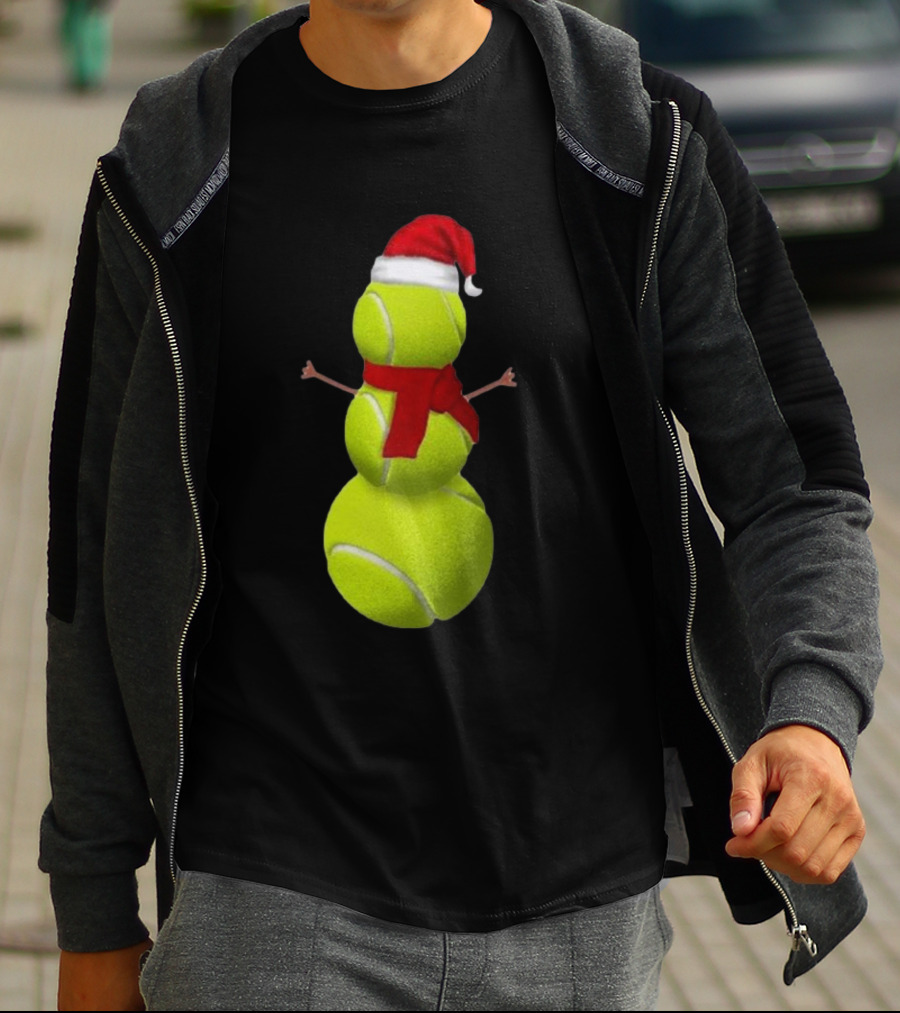 Tennis Ball Snowman With Santa Hat And Scarf Merry Christmas T-Shirt