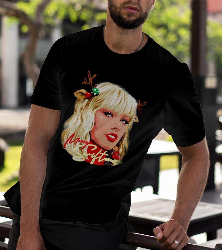 Merry Swiftmas Christmas Reindeer Antlers Bluscious Red Lips Holiday T-Shirt
