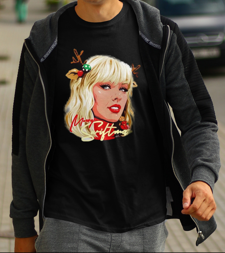 Merry Swiftmas Christmas Reindeer Antlers Bluscious Red Lips Holiday T-Shirt