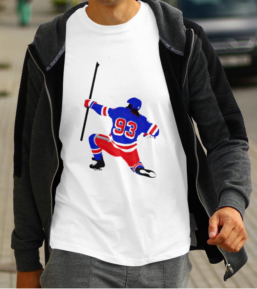 Mika Zibanejad Number 93 Hockey Celebration Iconic Bowing Pose T-Shirt