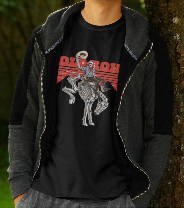 Old Row Skeleton Cowboy Riding A Skeleton Horse With Red Background Stripes T-Shirt