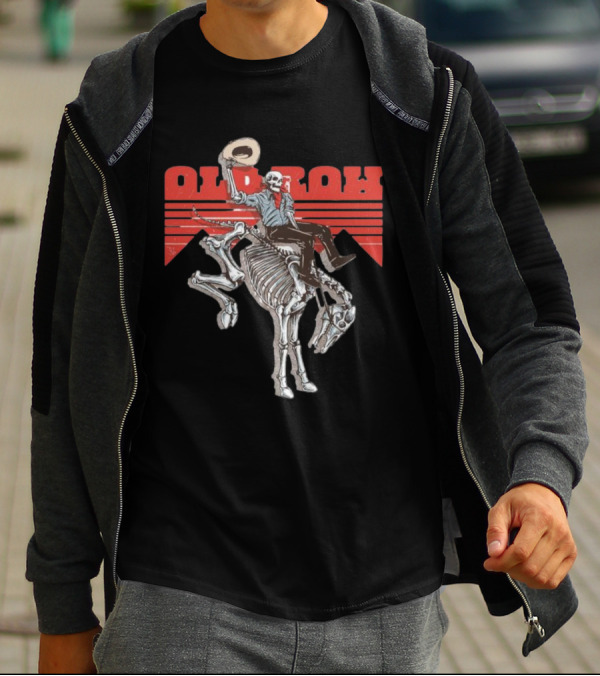 Old Row Skeleton Cowboy Riding A Skeleton Horse With Red Background Stripes T-Shirt