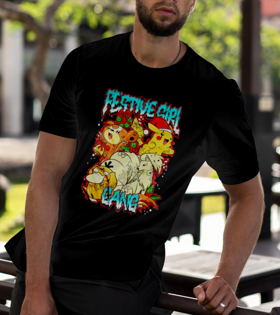 Festive Girl Gang Pokémon Pikachu Psyduck Clefairy Vulpix Christmas T-Shirt