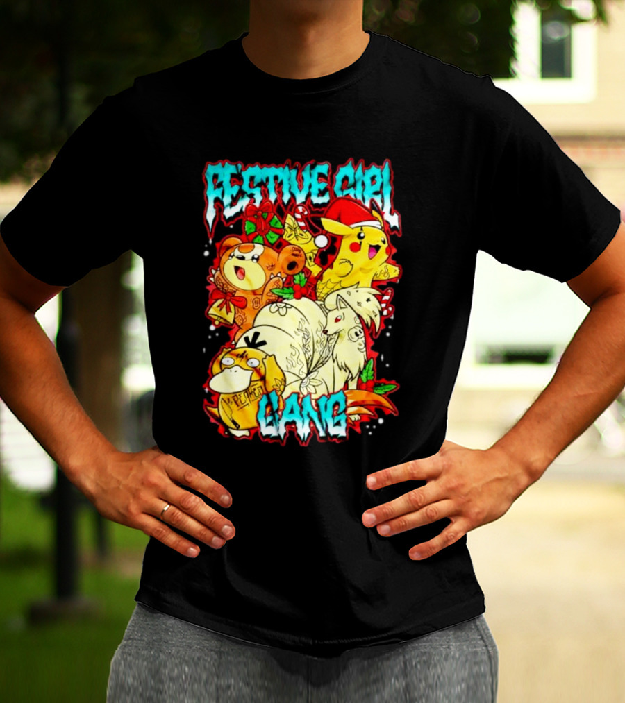 Festive Girl Gang Pokémon Pikachu Psyduck Clefairy Vulpix Christmas T-Shirt