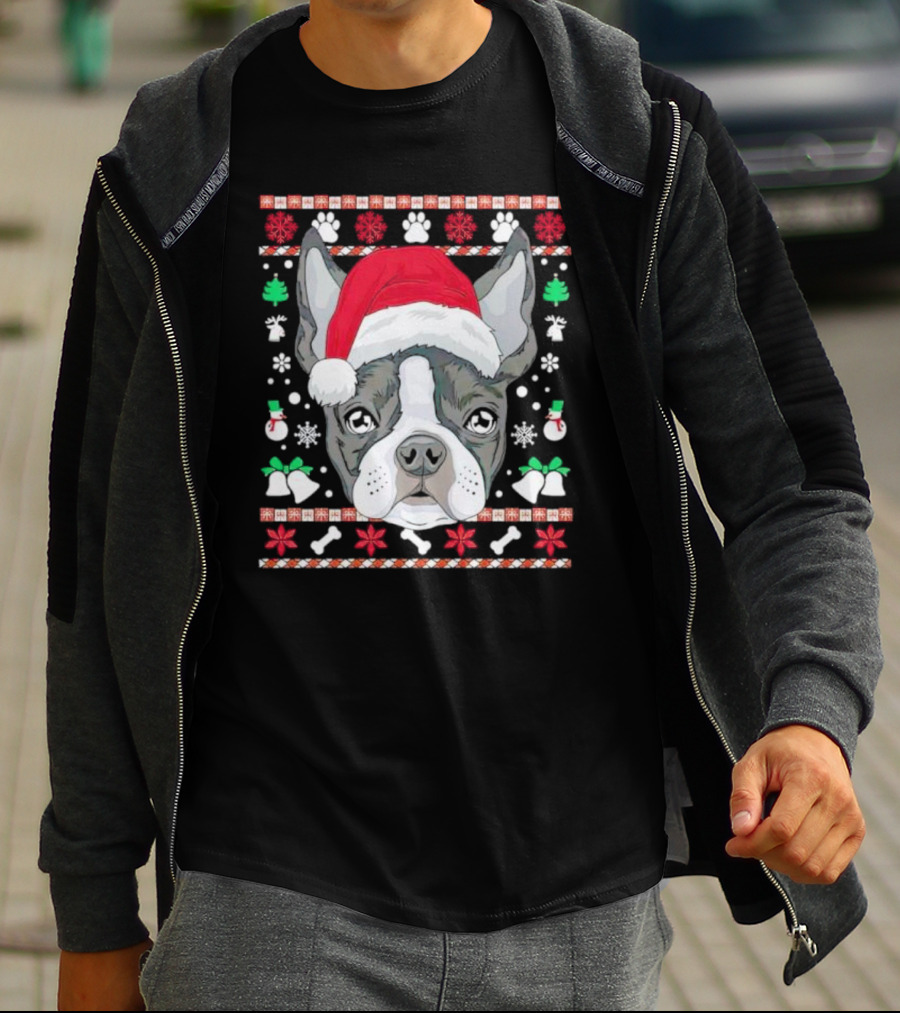 Santa Boston Terrier Ugly Christmas Sweater Paws Bells Snowflakes T-Shirt