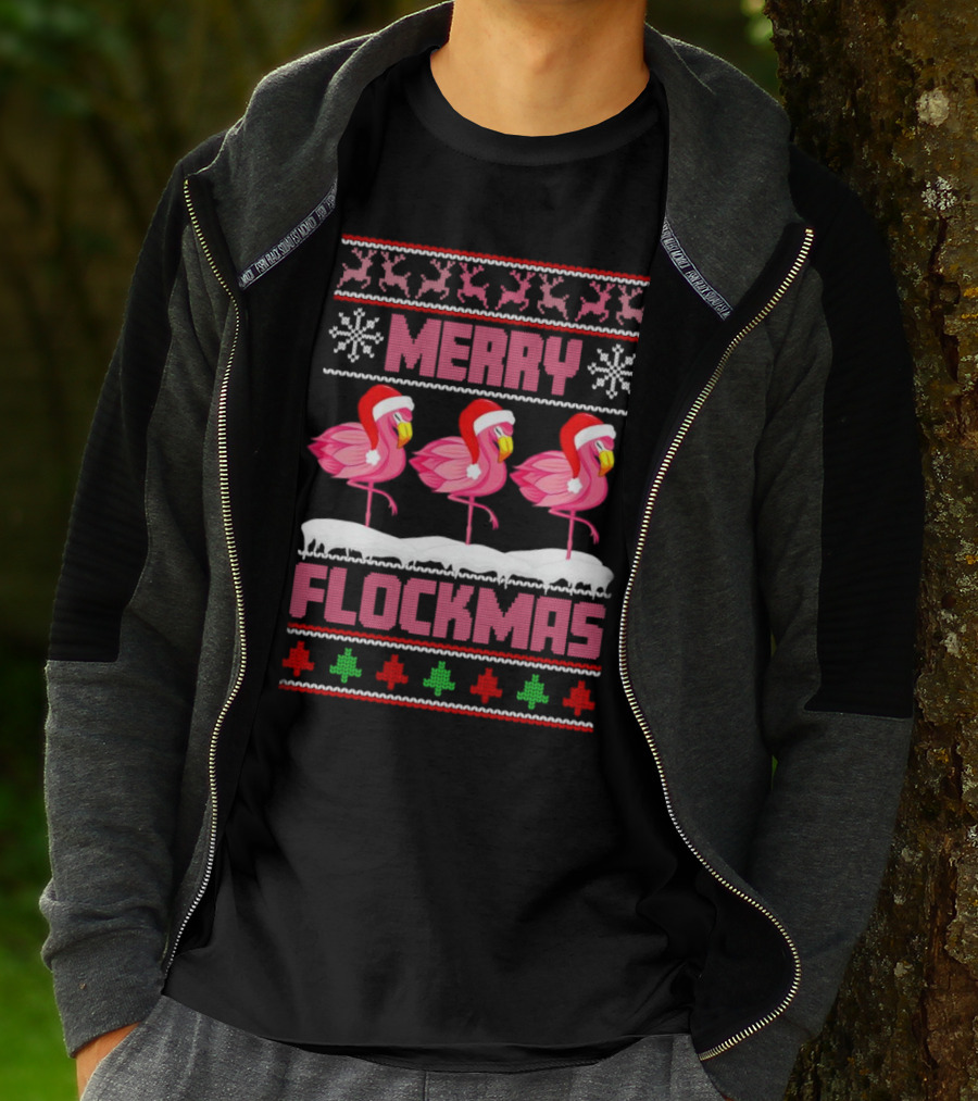 Merry Flockmas Christmas Santa Flamingo Trio Holiday T-Shirt