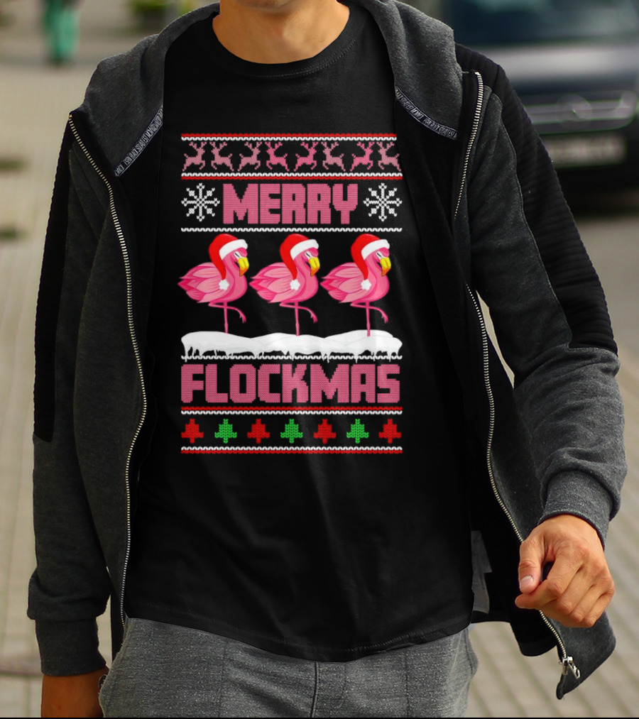 Merry Flockmas Christmas Santa Flamingo Trio Holiday T-Shirt
