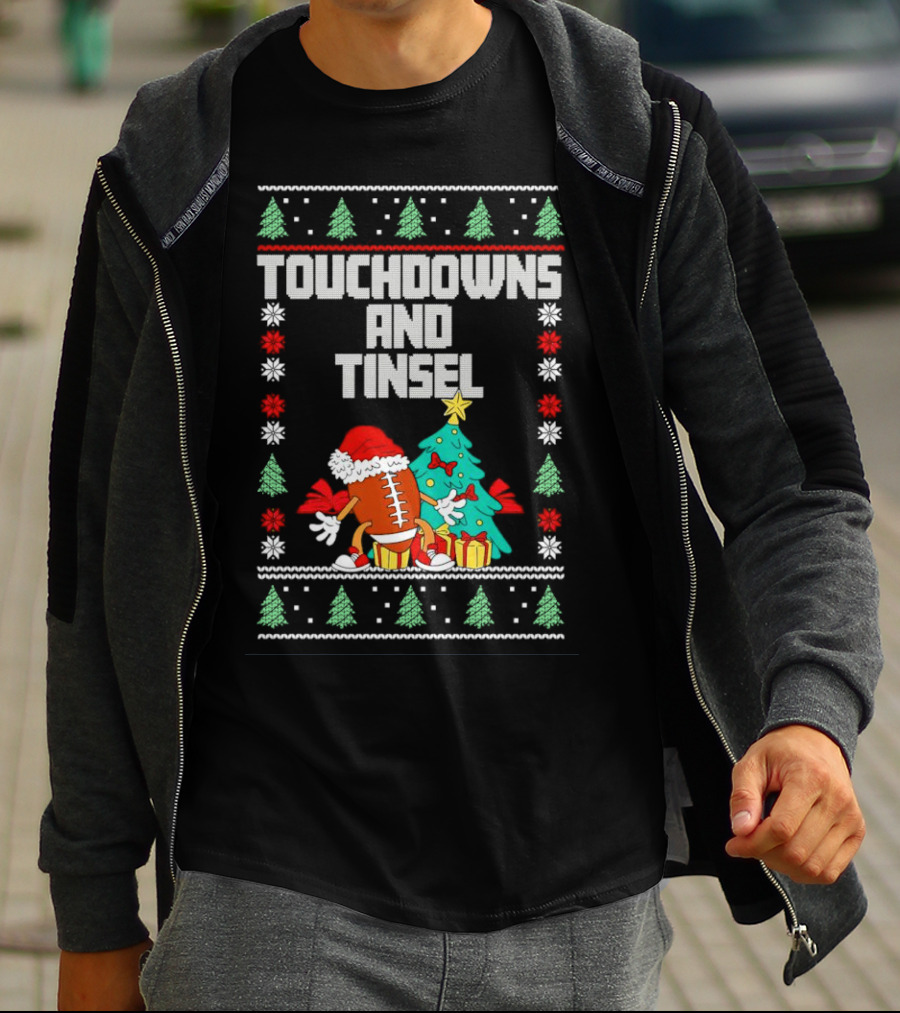 Touchdowns And Tinsel Christmas Football Santa With Tree And Gifts T-Shirt