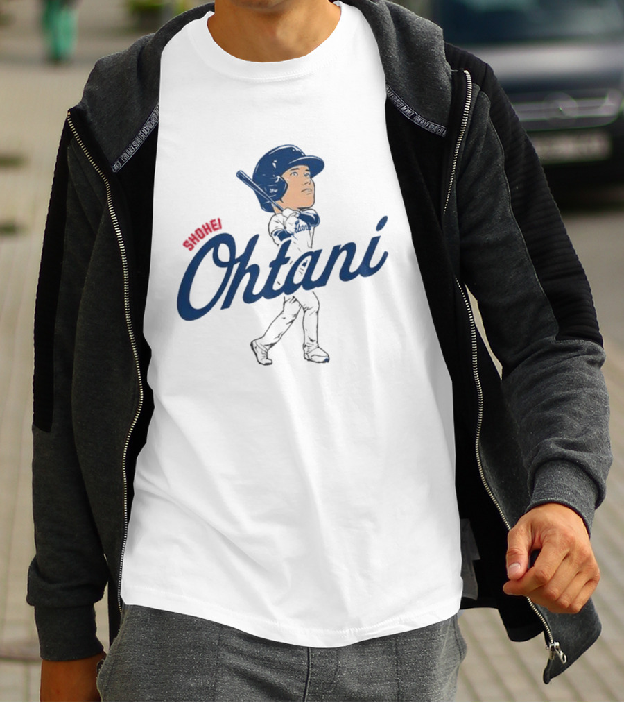 Shohei Ohtani Baseball Caricature With Blue Helmet And Batting Pose T-Shirt