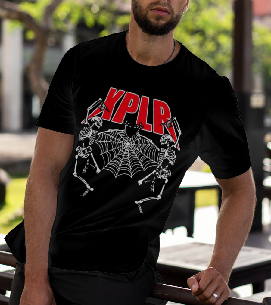 XPLR Skeletons With Holiday Web And Drumming Sticks T-Shirt