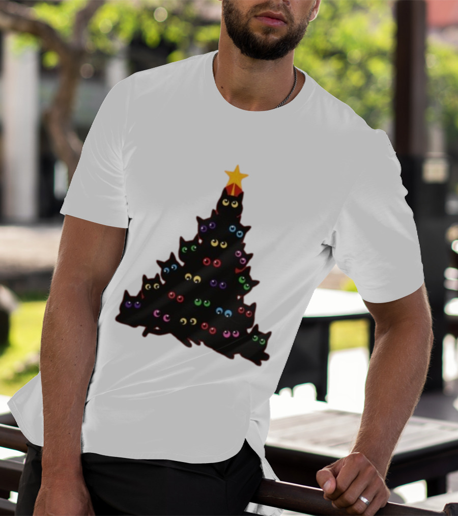 Cat Christmas Tree With Colorful Eyes And Star Top T-Shirt