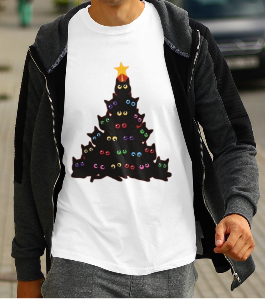 Cat Christmas Tree With Colorful Eyes And Star Top T-Shirt