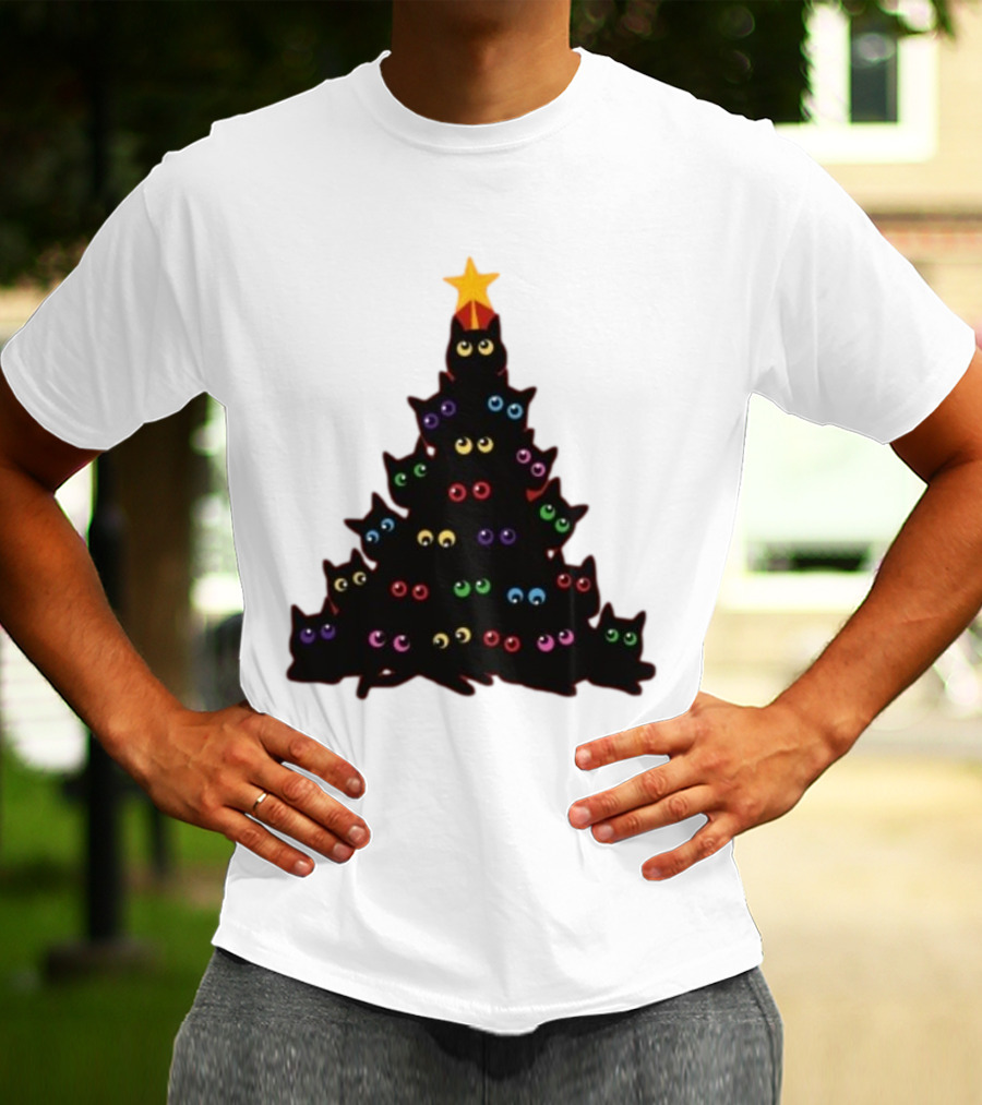 Cat Christmas Tree With Colorful Eyes And Star Top T-Shirt