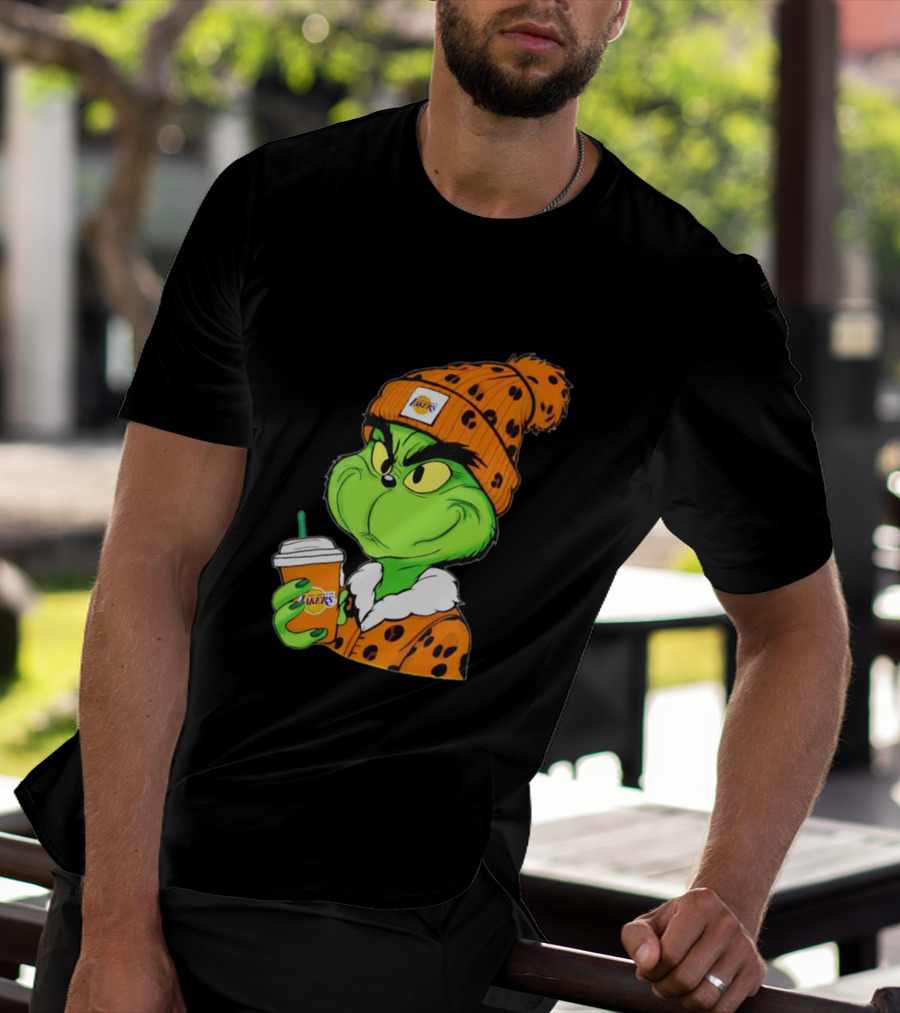 Grinch Drinking Los Angeles Lakers Cup Wearing Beanie T-Shirt