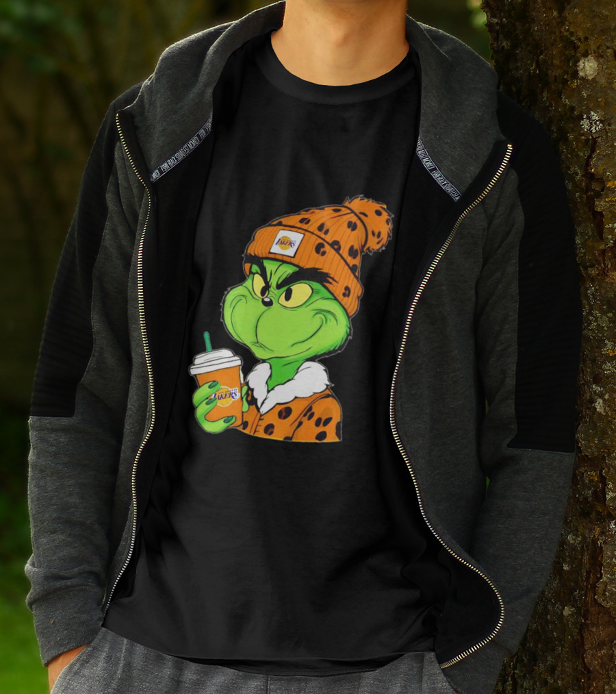 Grinch Drinking Los Angeles Lakers Cup Wearing Beanie T-Shirt