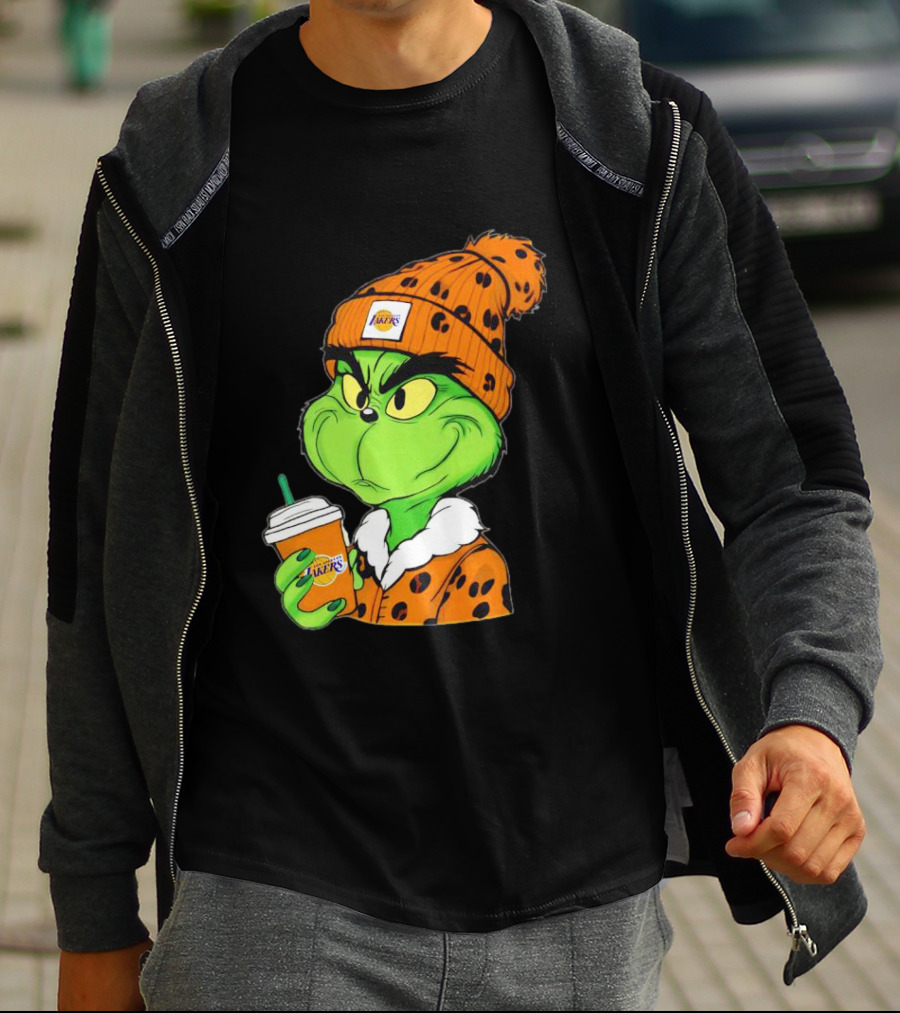 Grinch Drinking Los Angeles Lakers Cup Wearing Beanie T-Shirt