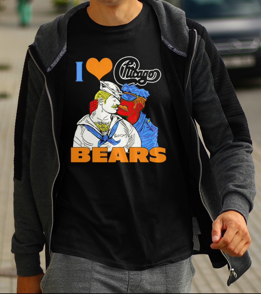 I Love Chicago Bears BossDog Sailor And Cop Embrace T-Shirt
