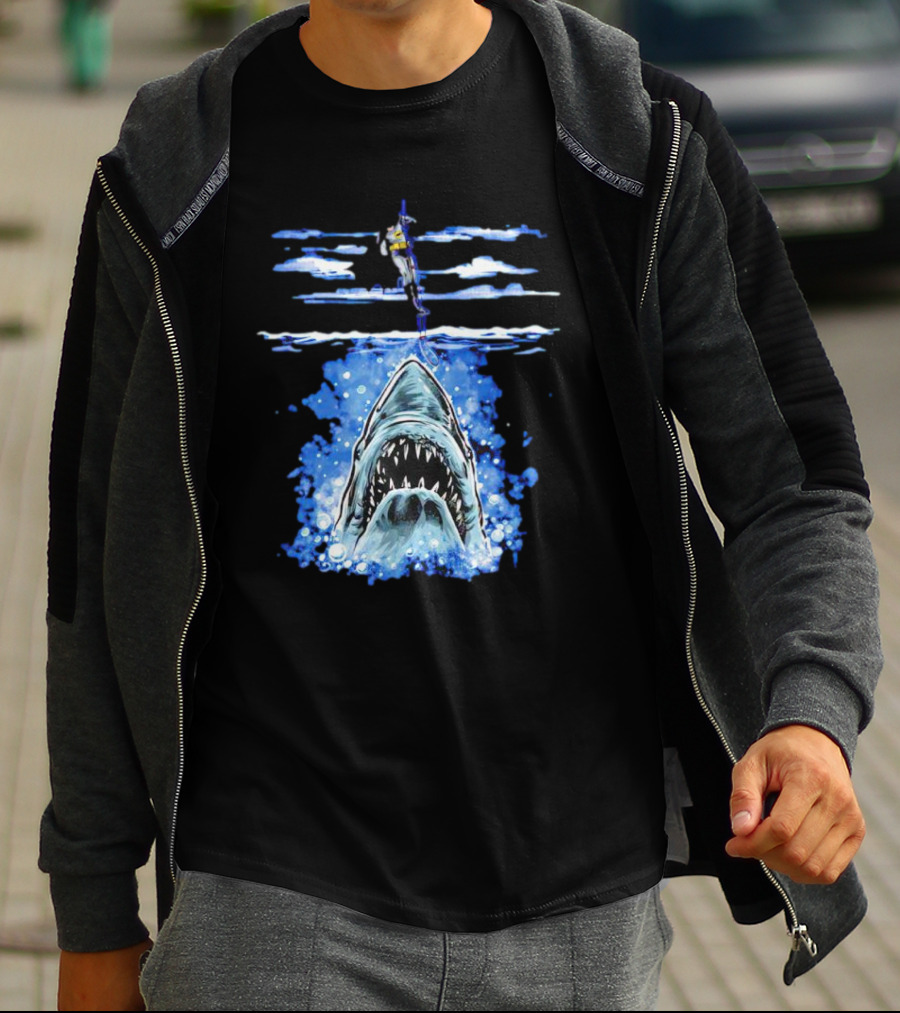 Jaws Batman Shark Repellent Hanging Above Menacing Shark T-Shirt