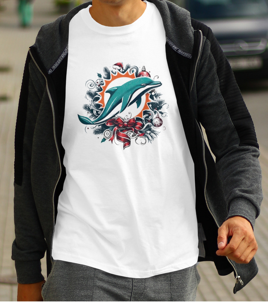 Miami Dolphins Holiday Wreath Christmas Ornament Bow T-Shirt
