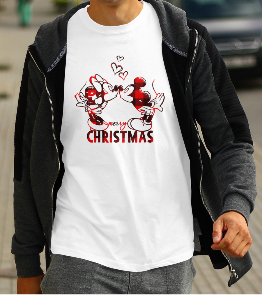 Mickey Minnie Kissing Merry Christmas Hearts Red Plaid T-Shirt