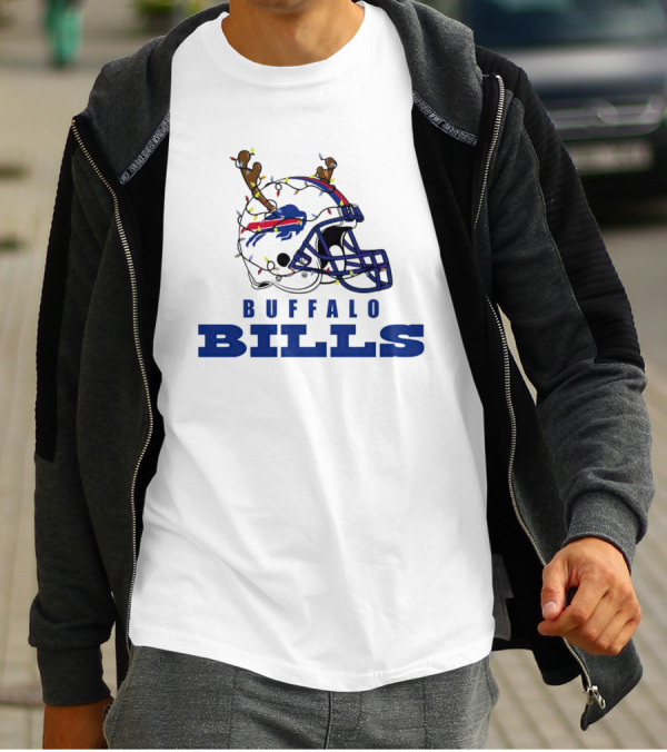 Buffalo Bills Helmet With Deer Antlers And Christmas Lights T-Shirt