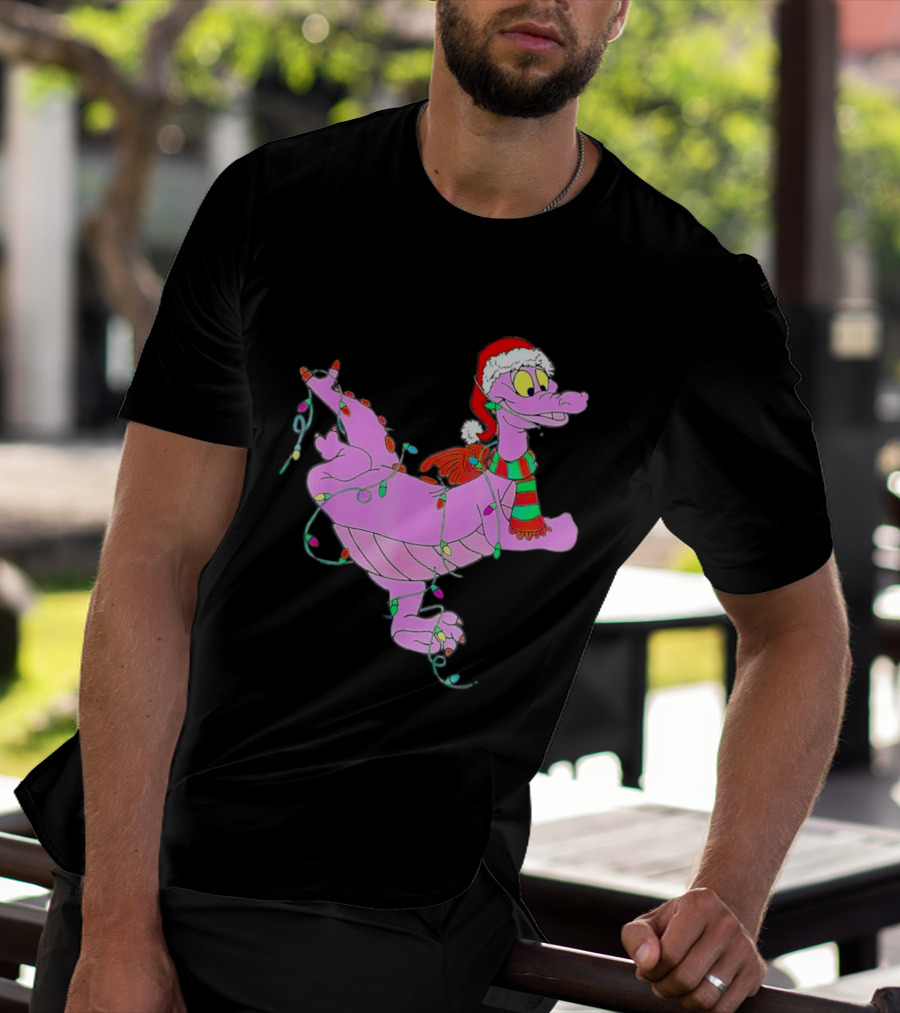 Dragon Figment In Santa Hat Wrapped In Christmas Lights T-Shirt
