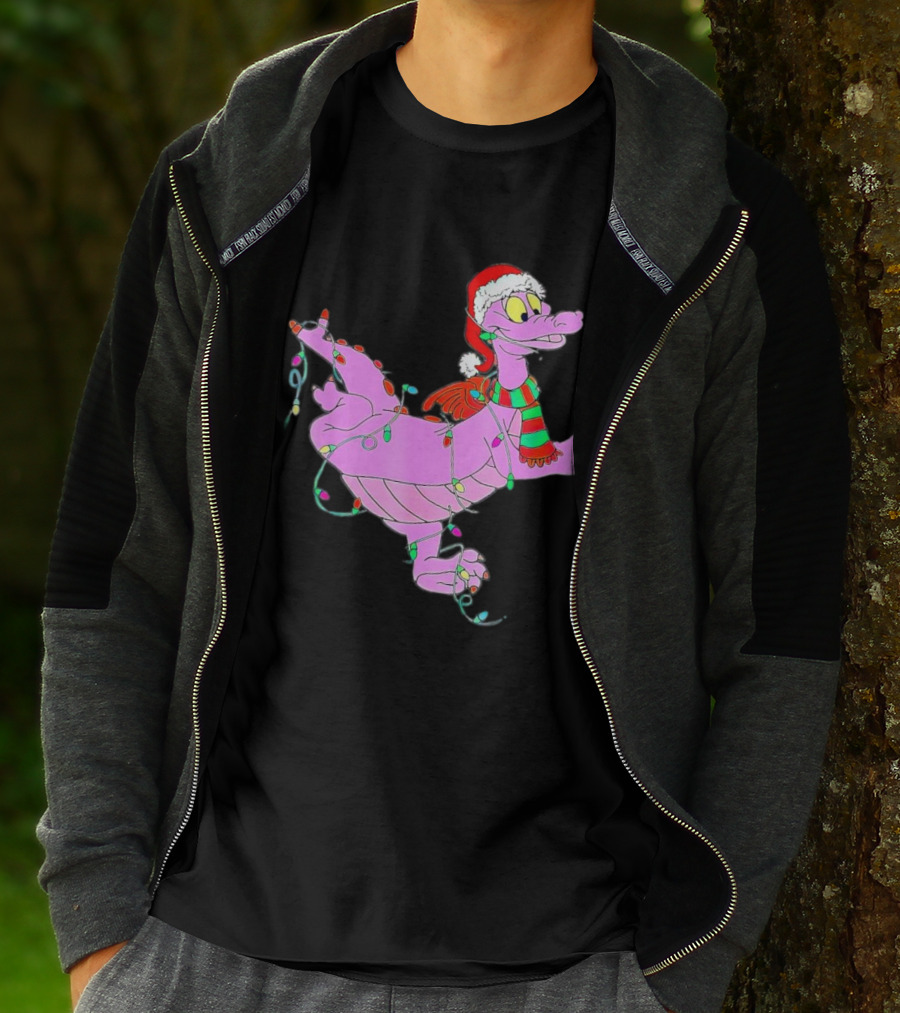 Dragon Figment In Santa Hat Wrapped In Christmas Lights T-Shirt