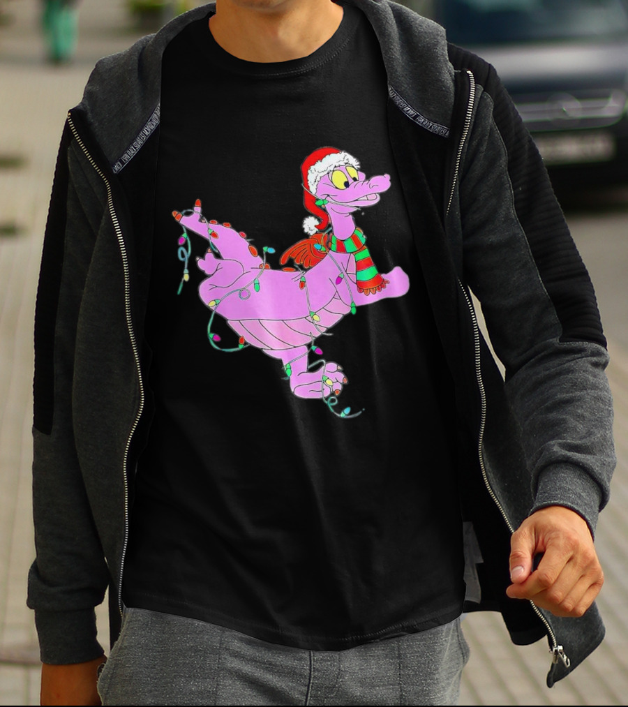 Dragon Figment In Santa Hat Wrapped In Christmas Lights T-Shirt