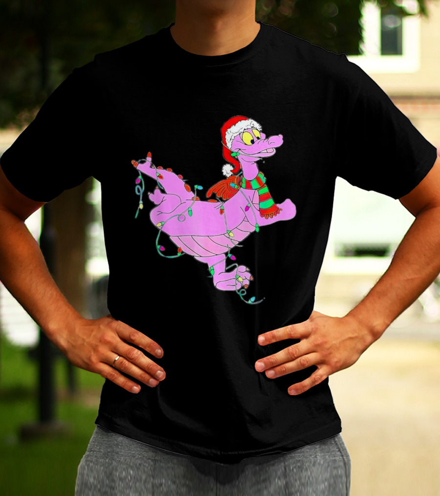 Dragon Figment In Santa Hat Wrapped In Christmas Lights T-Shirt