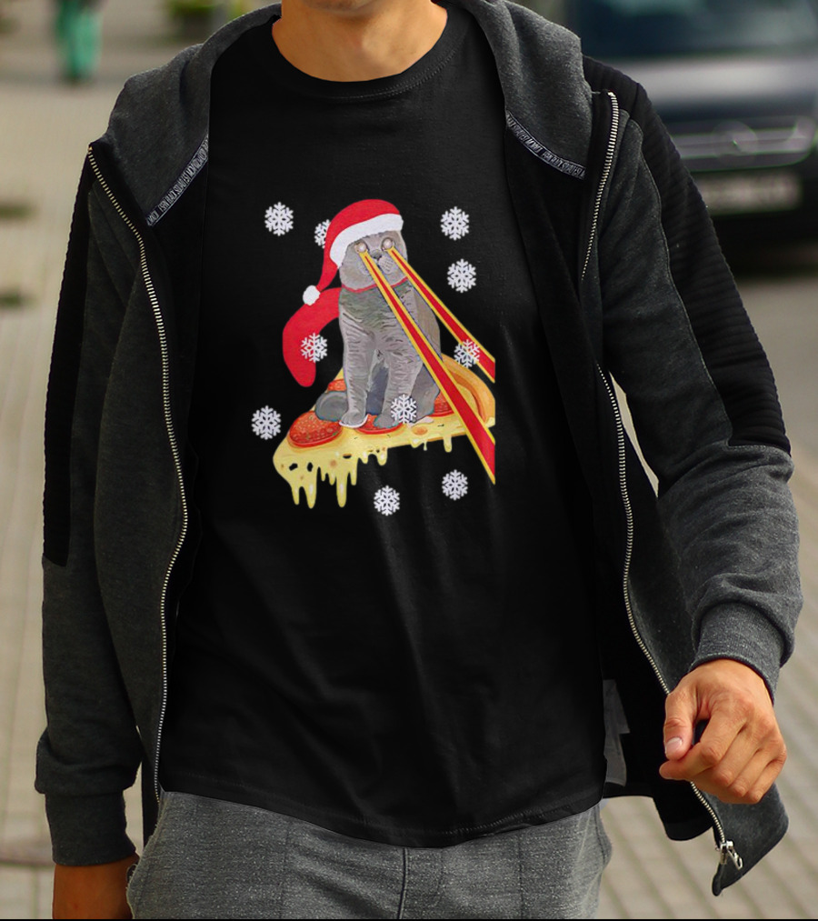 Santa Cat With Laser Eyes On Cheesy Pizza Snowflakes T-Shirt