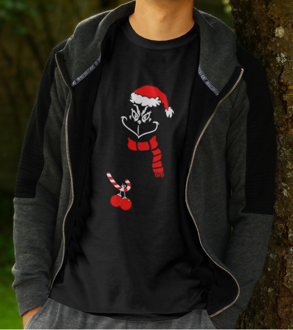 Grinch Santa Hat Scarf Candy Cane Christmas Balls T-Shirt
