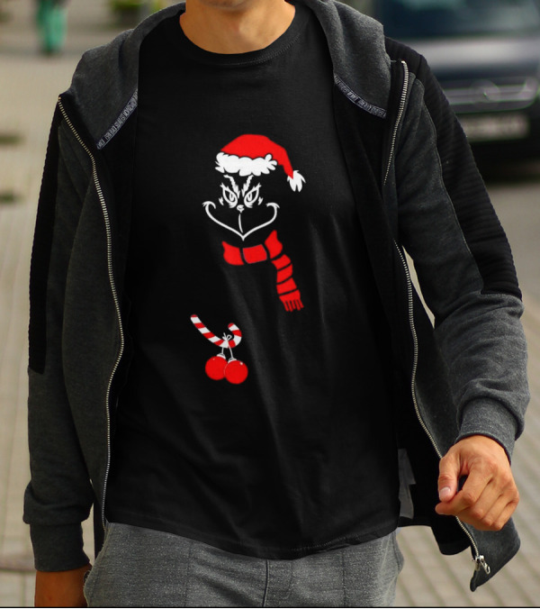 Grinch Santa Hat Scarf Candy Cane Christmas Balls T-Shirt