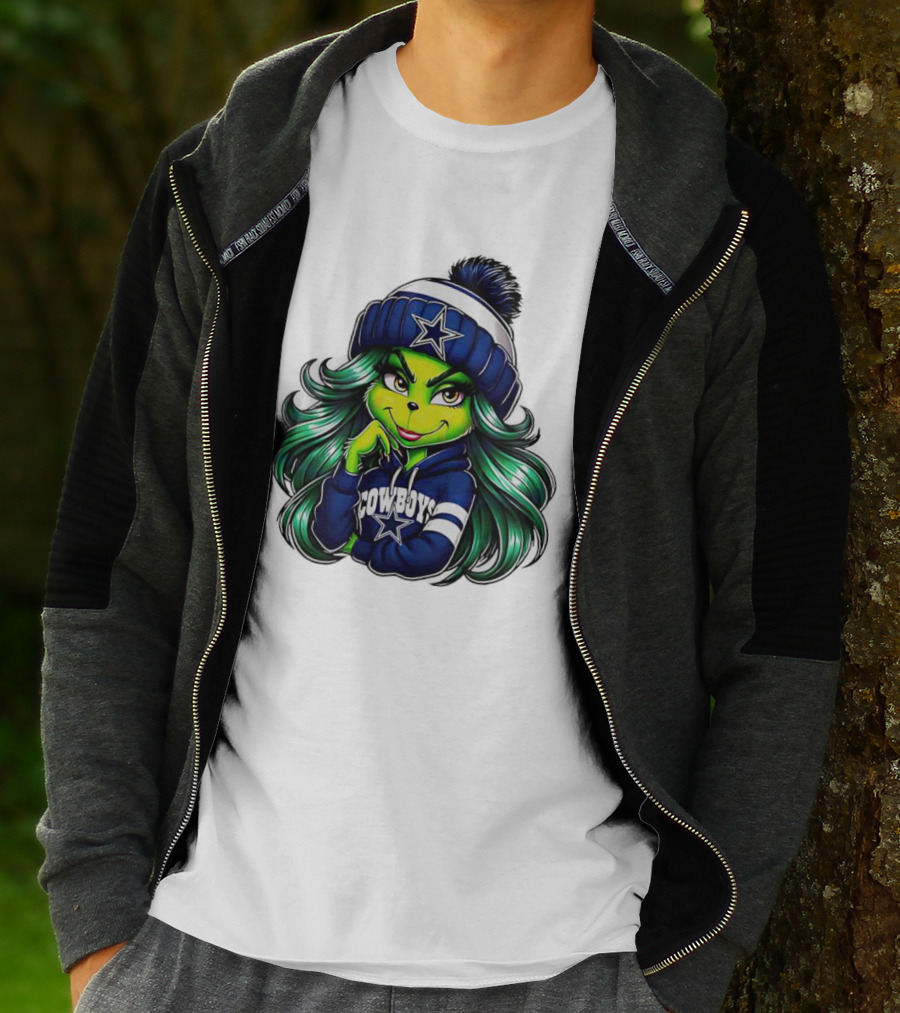Grinch Girl In Dallas Cowboys Hat And Hoodie With Star T-Shirt