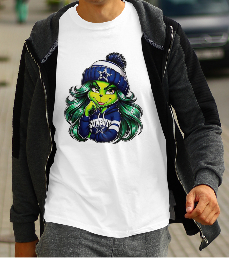 Grinch Girl In Dallas Cowboys Hat And Hoodie With Star T-Shirt