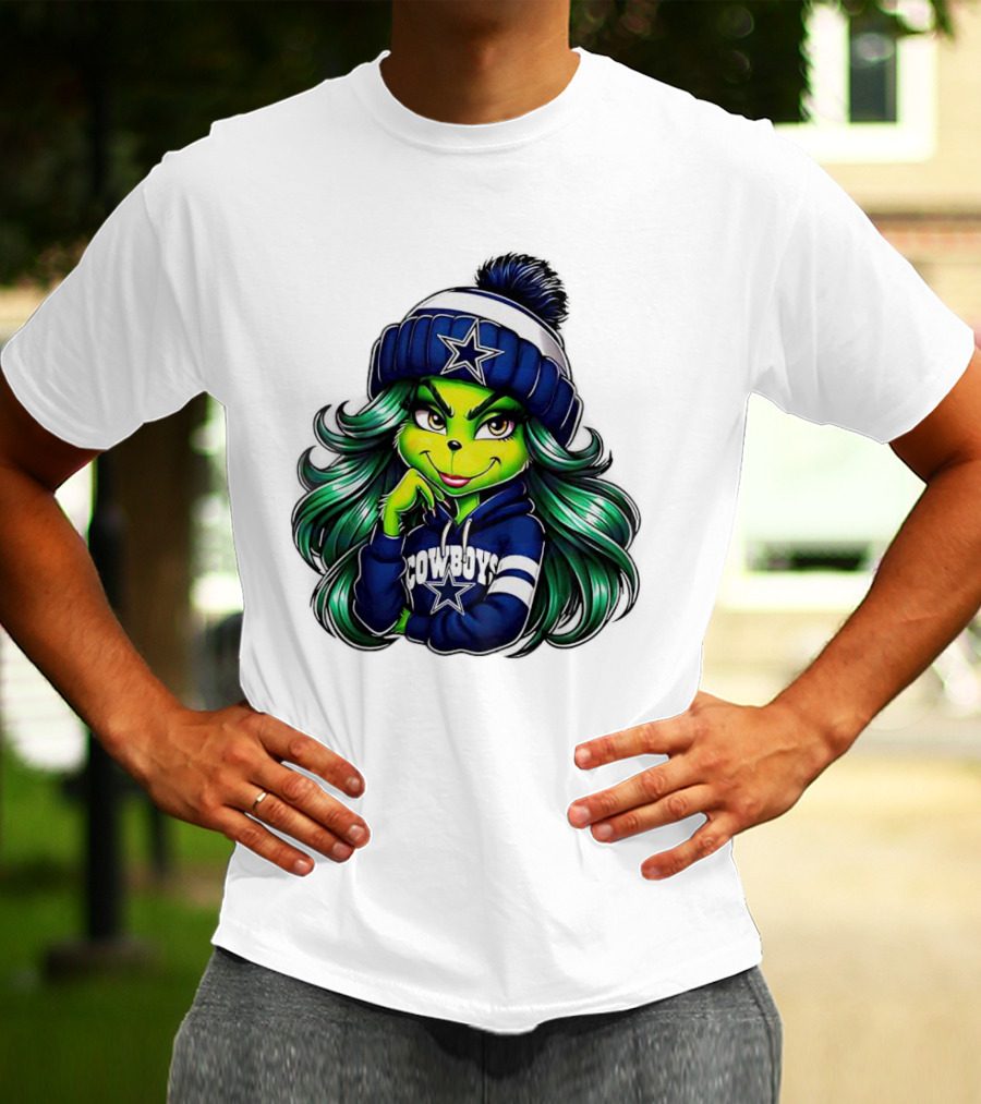 Grinch Girl In Dallas Cowboys Hat And Hoodie With Star T-Shirt
